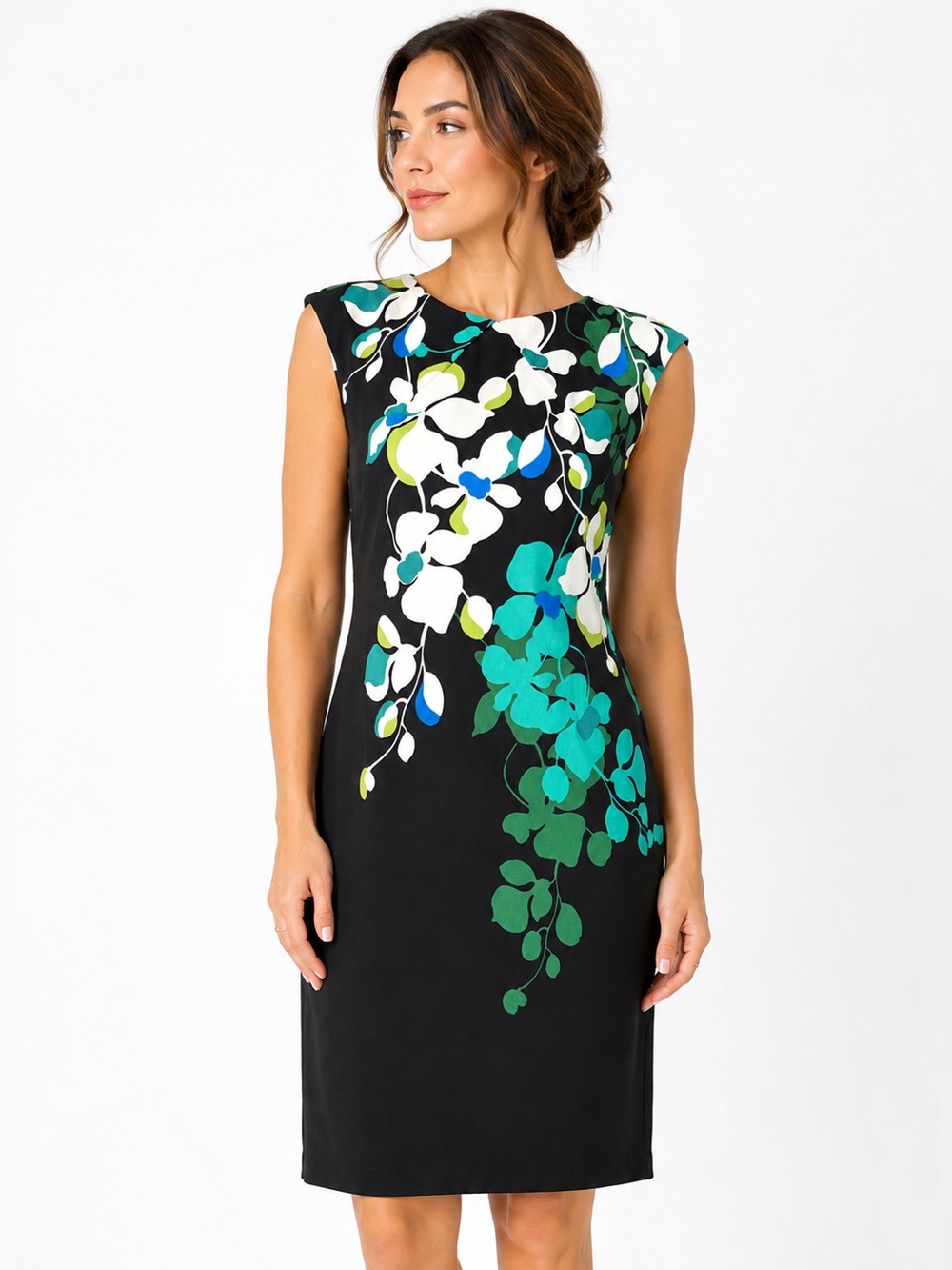 Maggy L Black Floral Sheath Dress Blue Green Bodycon Size 4
